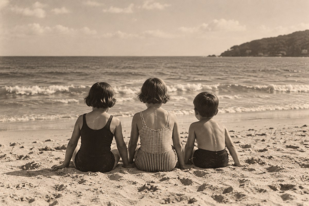 Three children sitting together on a beach, photographed from behind