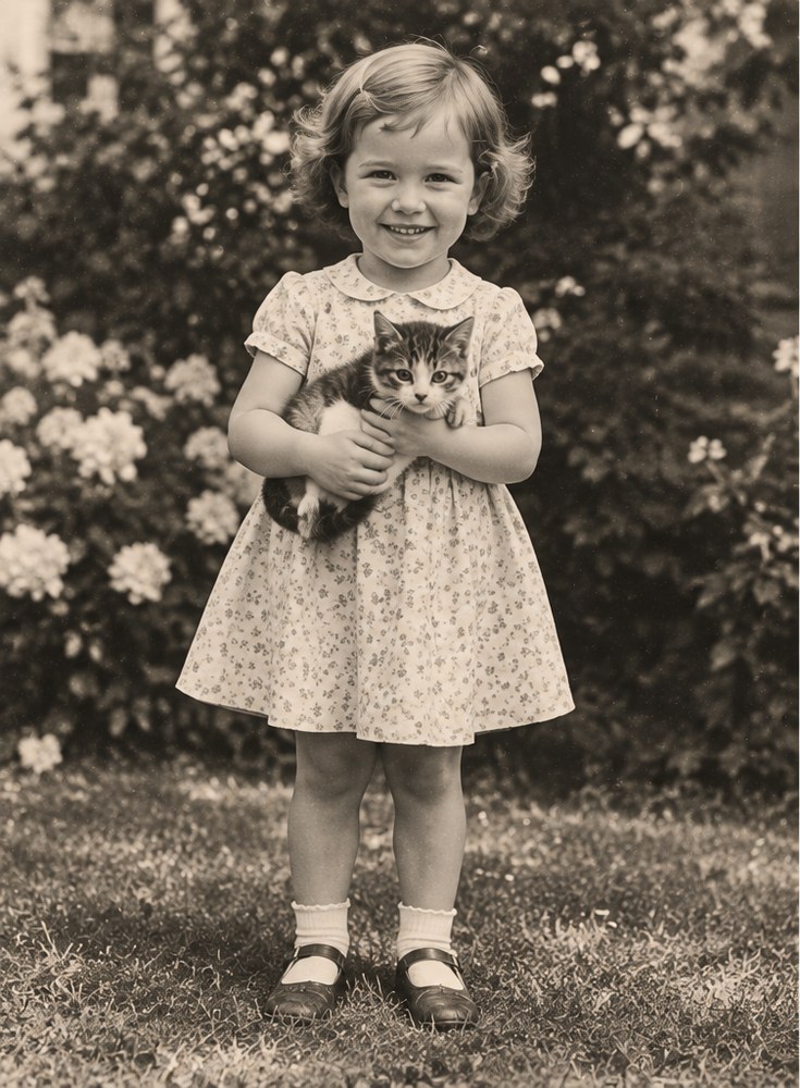 A young girl in a light dress holding a kitten